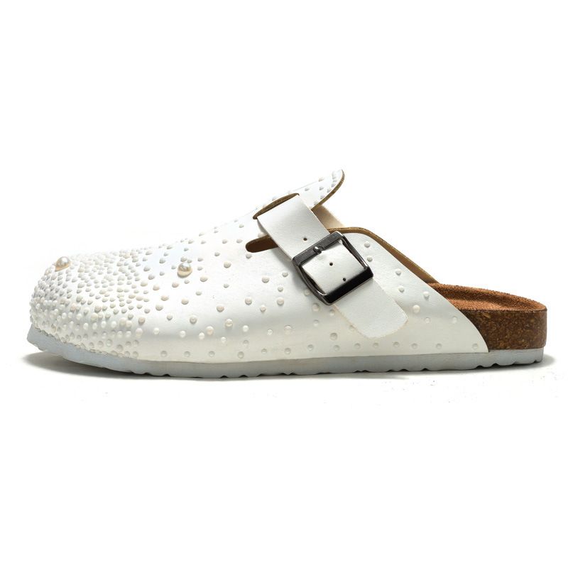 RUIZUSTOCK Elegant Pearl Embellished Cork Clogs White Rhinestone Trimmed Casual Mules_voghion.com