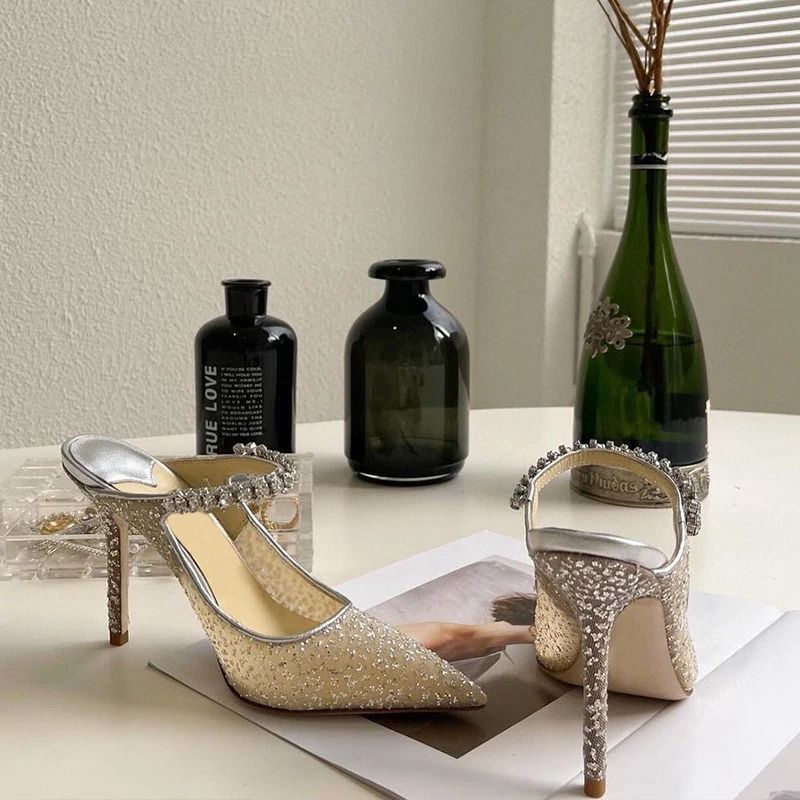Water Diamond Chain Mueller Shoes Summer Pointed Mesh Sequins Fine Heel Straight Strap High Heeled Womens Slippers_voghion.com