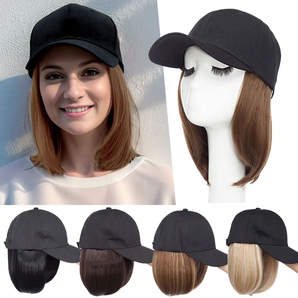 Baseball Cap with Hair Straight Short Bob Hairstyle Adjustable