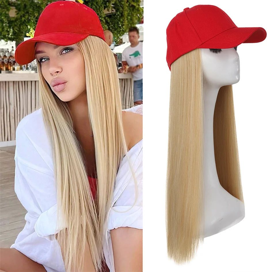Hat Wigs-synthetic 22inch red baseball cap straight hair wig