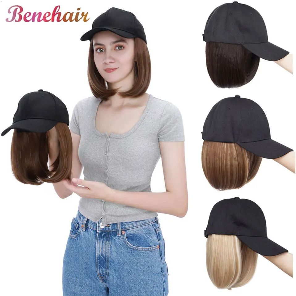 Baseball Cap with Hair Synthetic 6 Adjustable Short Straight