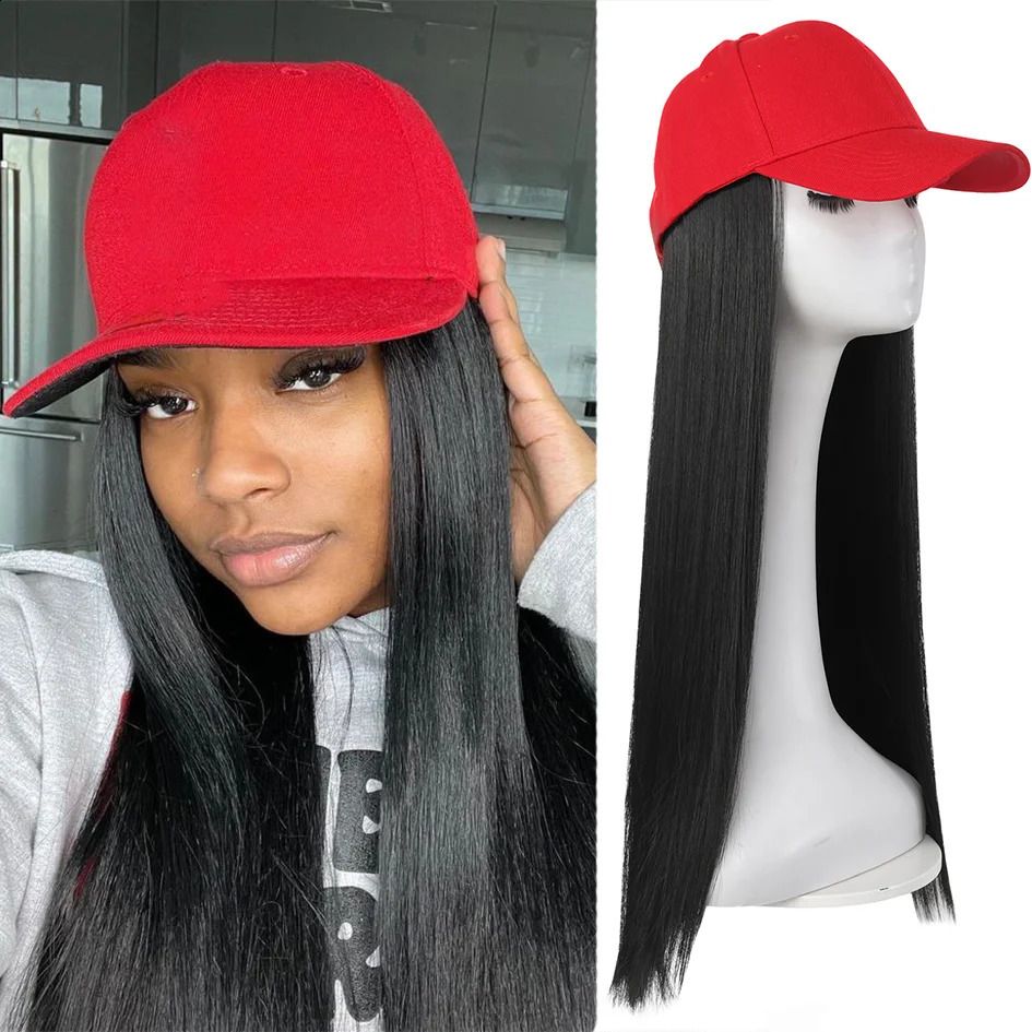 Hat Wigs-synthetic 22inch red baseball cap straight hair wig detail view 2