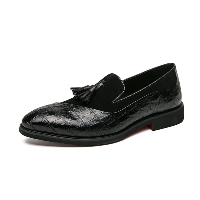 Mens Daily Footwear Black Tassel Non Loafers Croc Embossed And Suede Patchwork Slip On Shoes_voghion.com