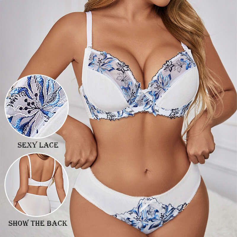 Blue floral embroidered bra set