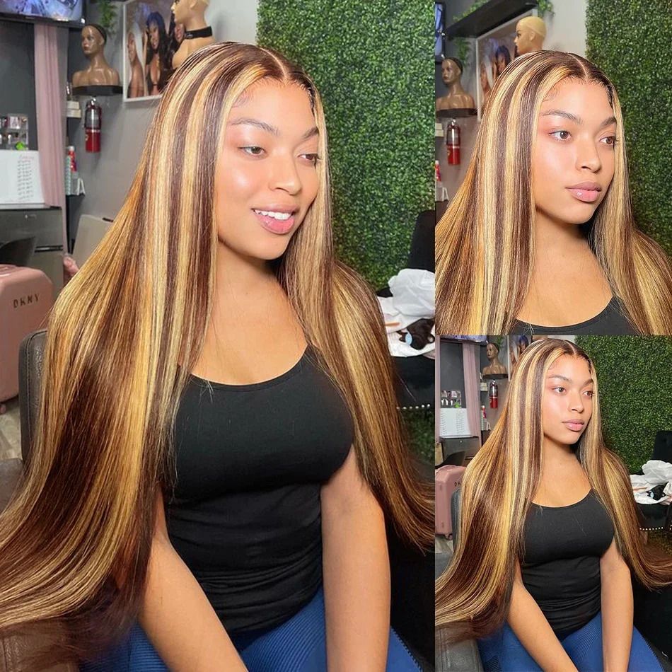 Brown P4/27 Straight 13x4 Lace Frontal Human Hair Wig Brazilian detail view 4