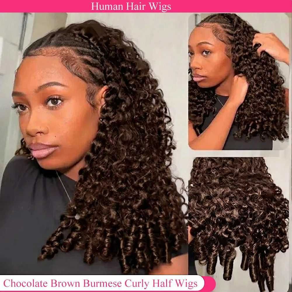 Chocolate Brown Burmese Curly Half Wig Human Hair Full 3 view 3