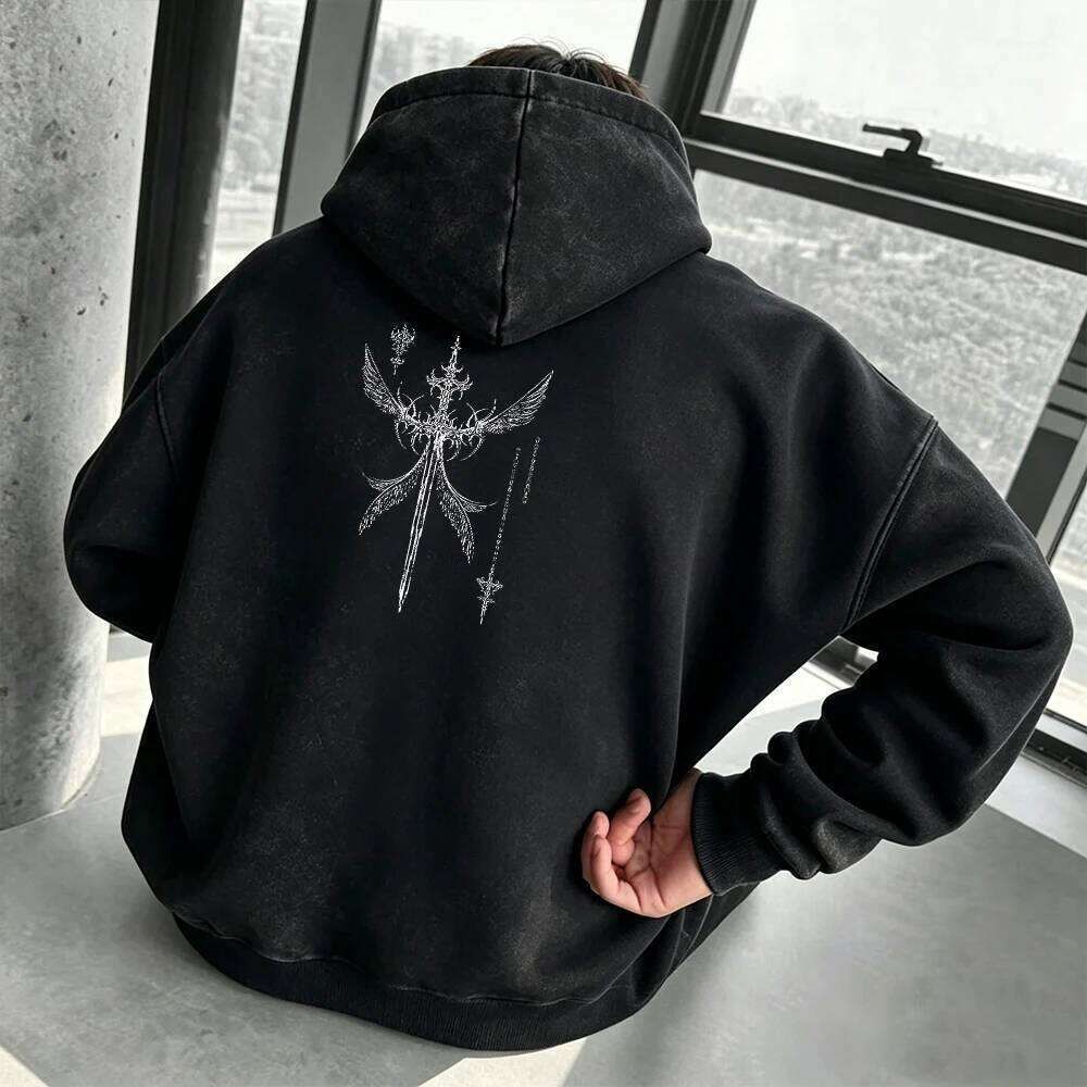 Vintage Gothic Winged Sword Print Men's Washed Black.. - Image 4