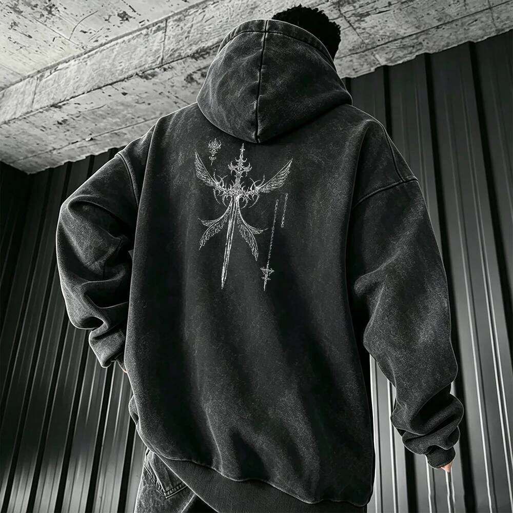 Vintage Gothic Winged Sword Print Men's Washed Black.. - Image 2