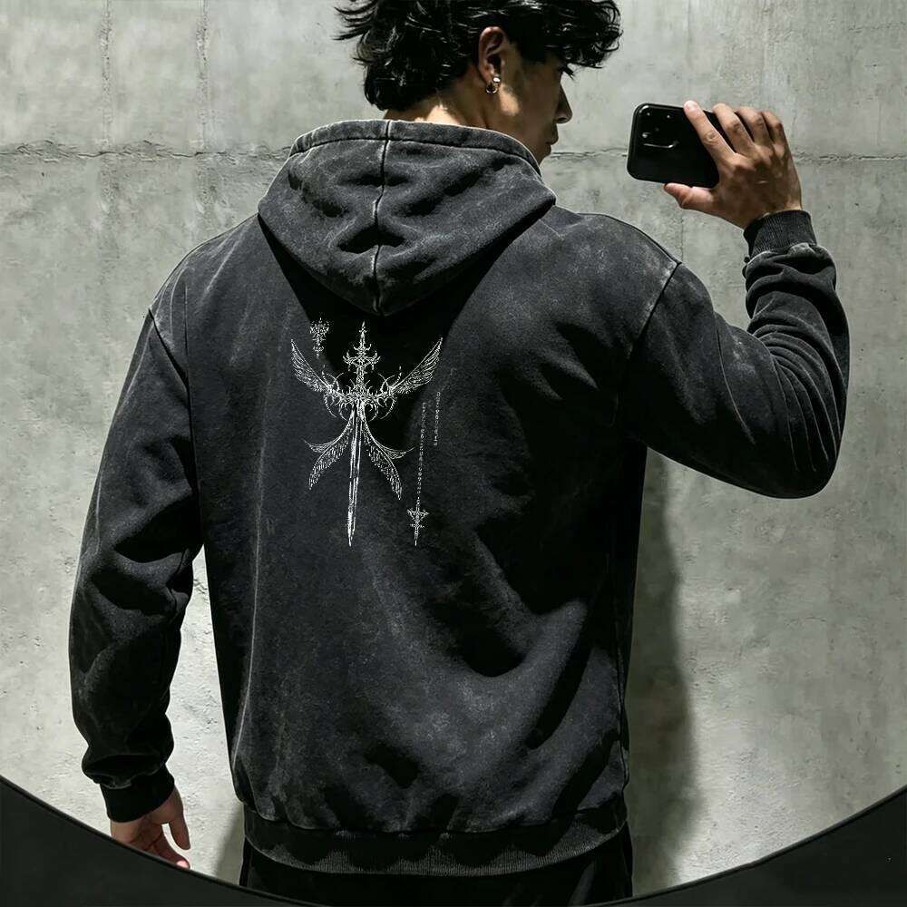 Vintage Gothic Winged Sword Print Men's Washed Black.. - Image 3
