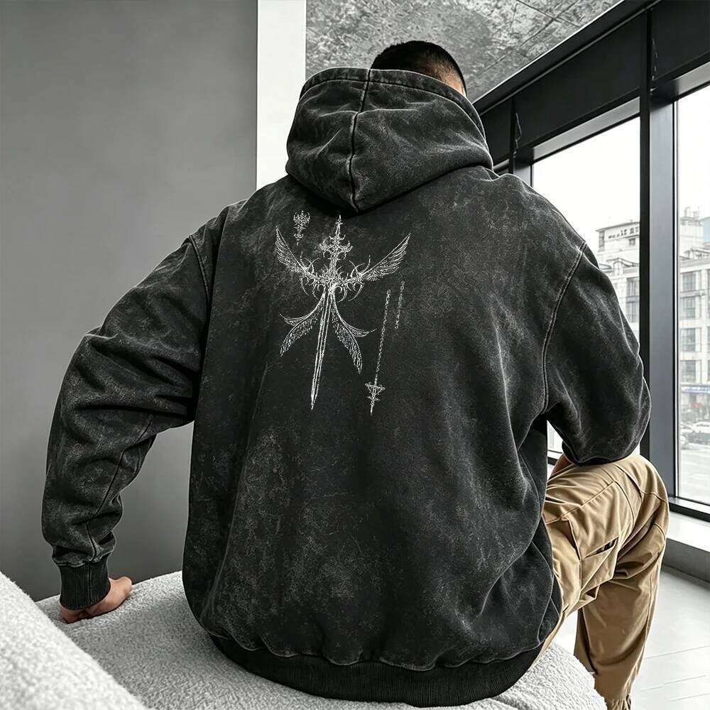 Vintage Gothic Winged Sword Print Men's Washed Black.. - Image 5