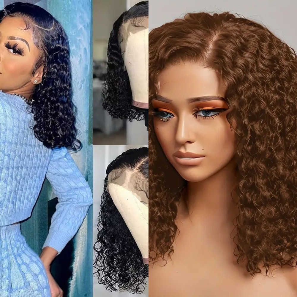 Black Transparent-To-Brown Lace Curly Bob Wig with Bangs framing