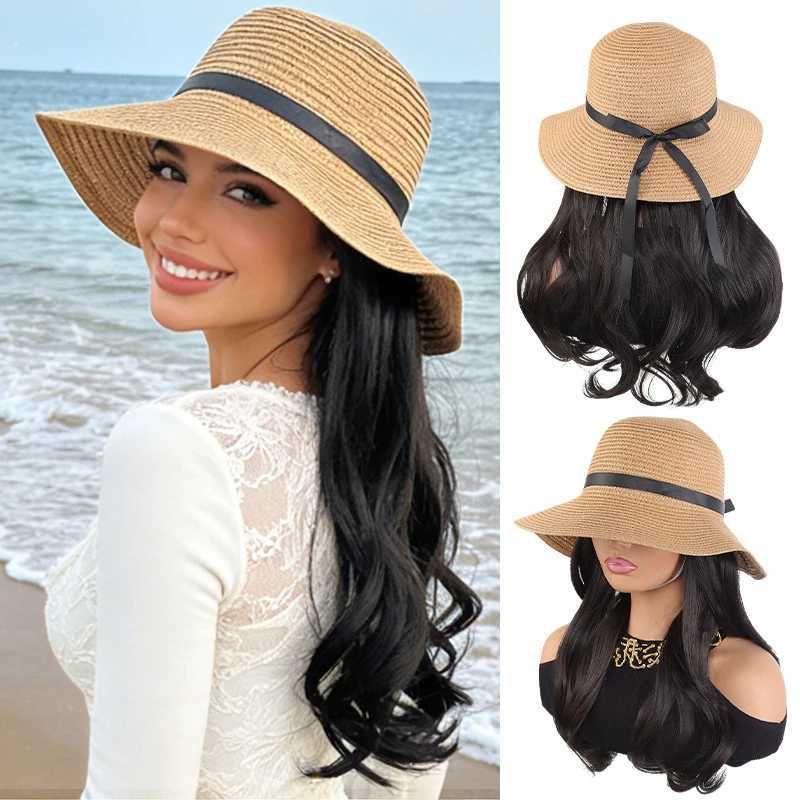 Summer Beach Wig Hat Straw Design with Big Wave Synthetic