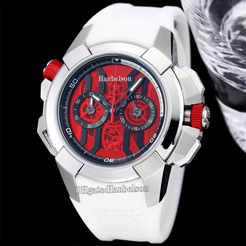 Silver case red dial white strap