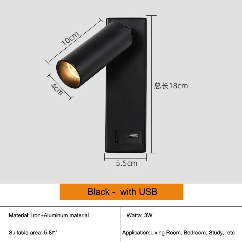 Luce calda 3W Nera con USB