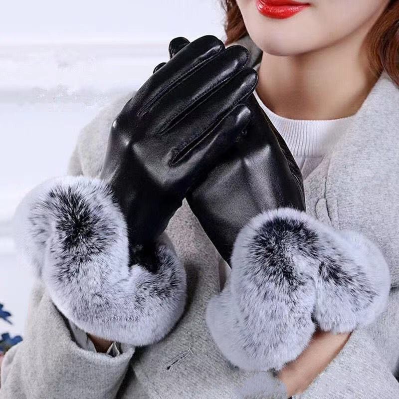 Girls&#039; fur mouth PU leather gloves