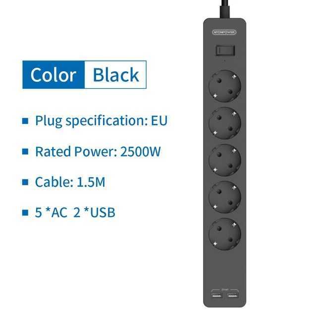 5AC 2USB Black-EU-Stecker