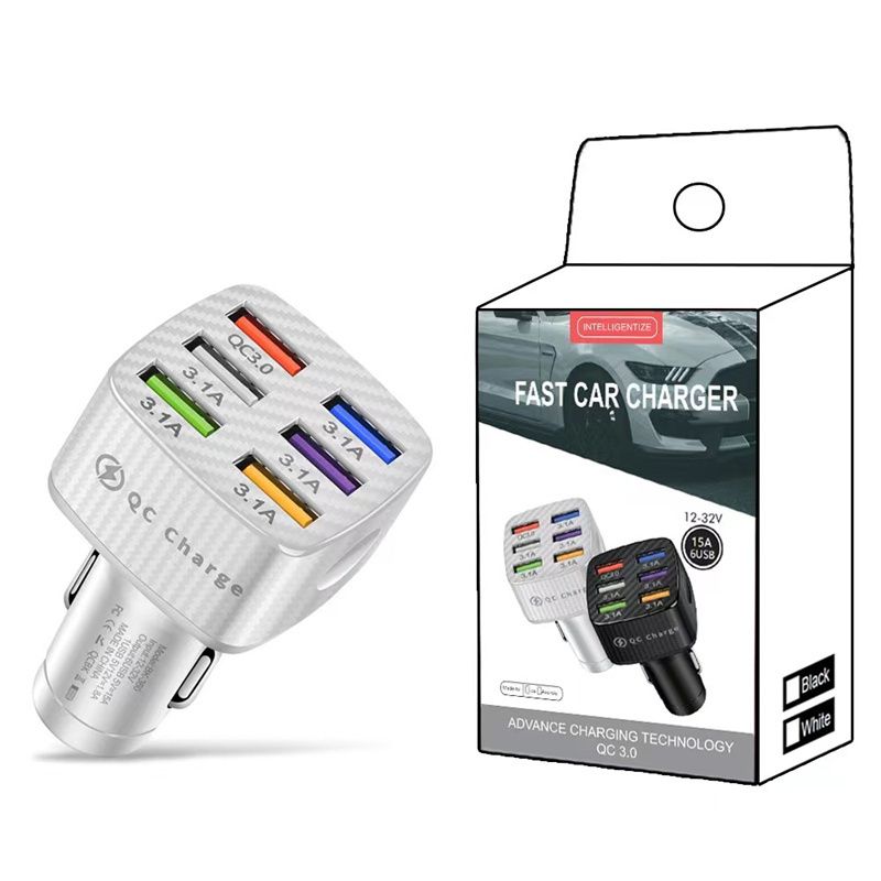 White 6 USB Car Carger with white box