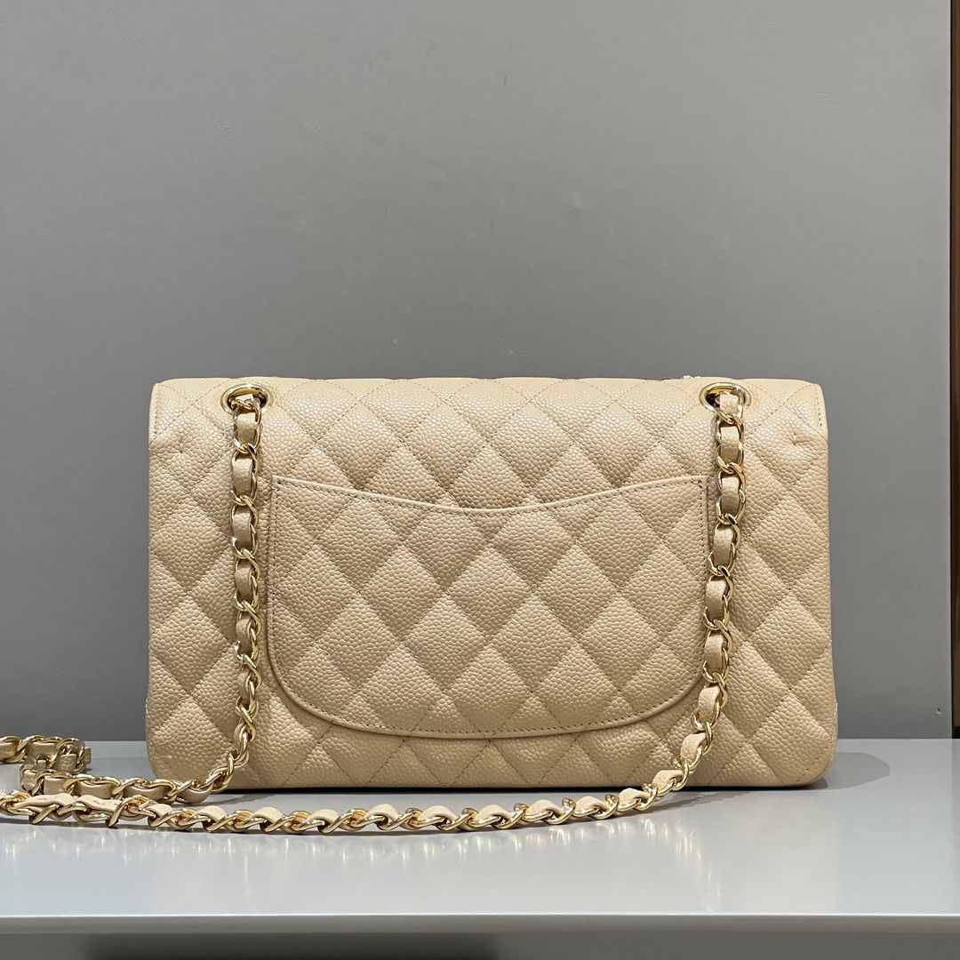 Beige-calfskin caviar-golden hardware