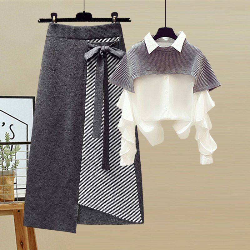 Grey Shawl+white Shirt+grey Skirt