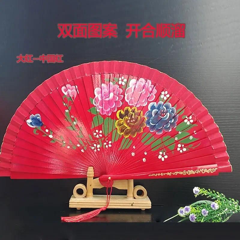 Wooden printed fan red flower