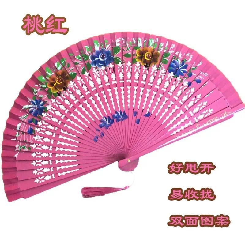 Wooden printed fan pink Hollow flower