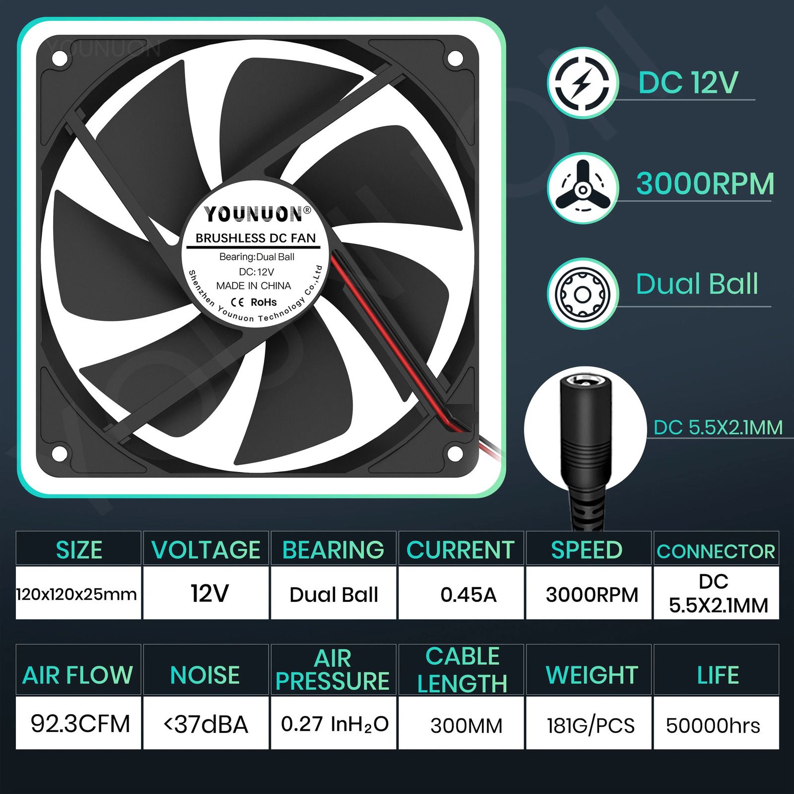 Ball 12V DC 3000RPM-BLACK-NO RGB