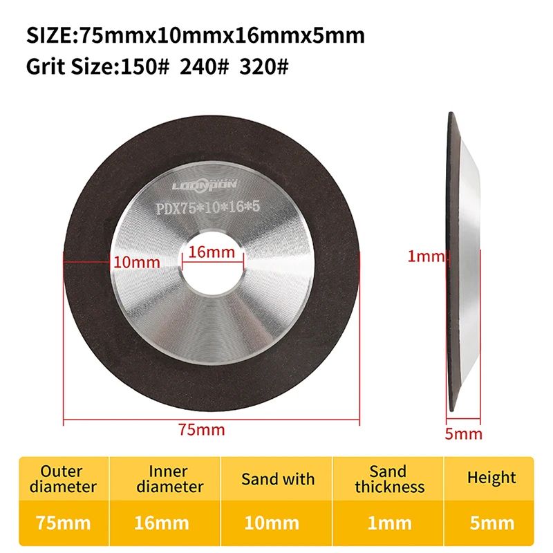 Außendurchmesser: 75 x 16 x 5 x 10 mm, Körnung: 150