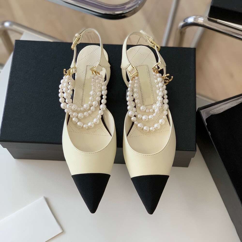 White Pointed Pearl Chain Flat Sandals