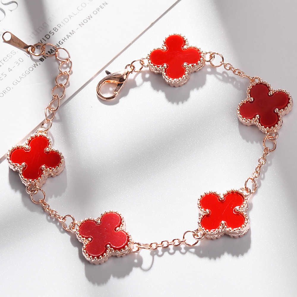 Bracelet rouge à cinq feuilles d'or rose