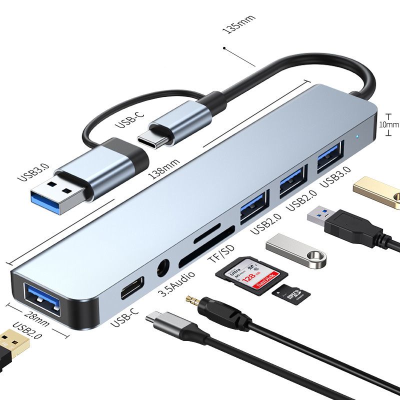 8in1 USB3.0 + 2.0x3 + DC + TF / SD + 3.5