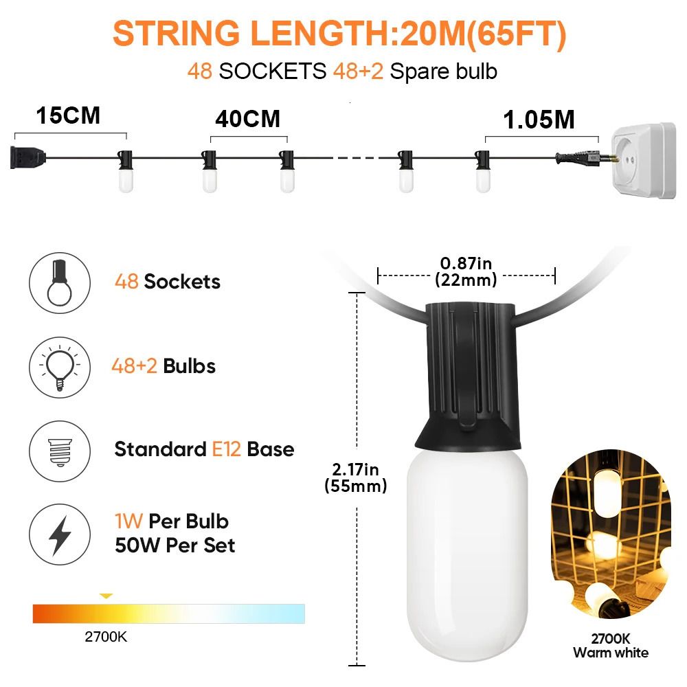 20m 48 Sockets-EU-Plug-1W pro Glühbirne