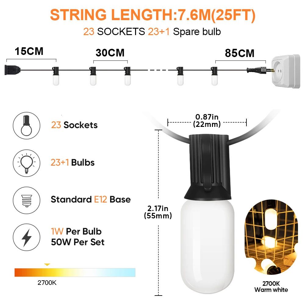 7,6 m 23 Sockets-EU-Plug-1W pro Glühbirne