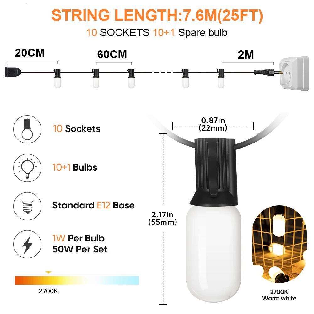 7,6 m 10 Sockets-EU-Plug-1W pro Glühbirne