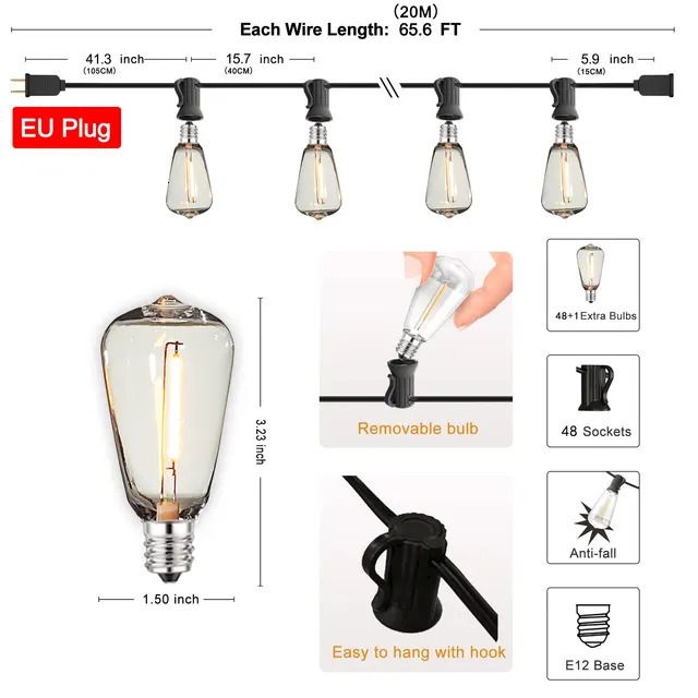 20m 48 Sockets-us plug-plast glödlampor