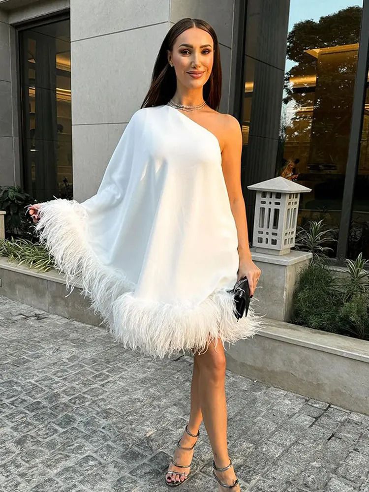 Feather-trim one-shoulder mini