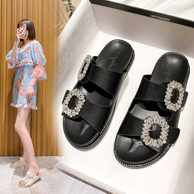RV Slippers Are Worn On The Outside Of Women's Platform Soles Rhinestones Square Buckles Open Toe Double Rings Flat_voghion.com