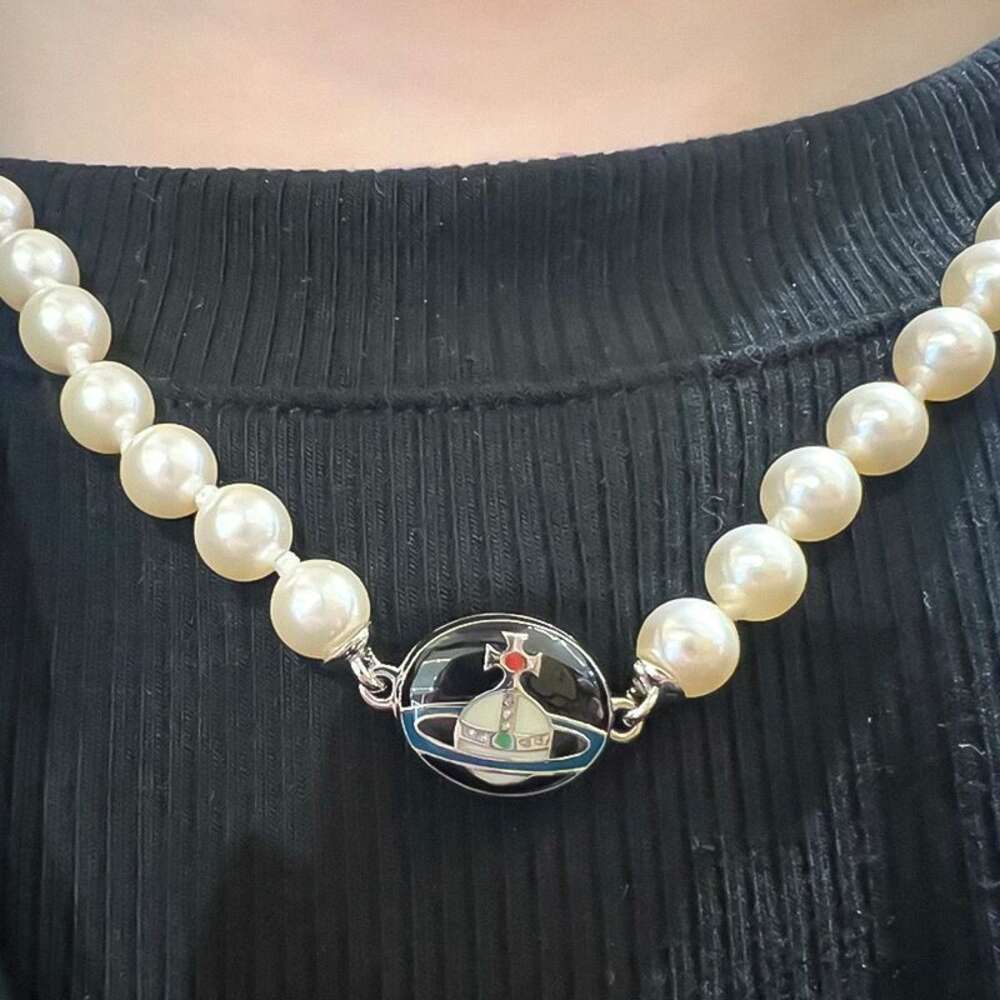 Black Silver Edge Enamel Pearl Necklace