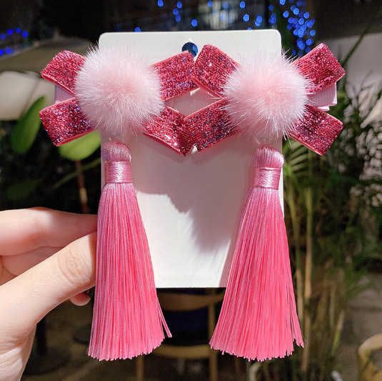 10 # # Pink Ball Tassel Hair Clip Pair
