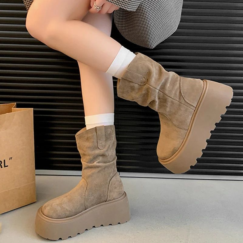 Suede Platform Women Ankle Boots Er Mid Heels Shoes Trend Walking Non Slip Winter Botas De Mujer 241118_voghion.com