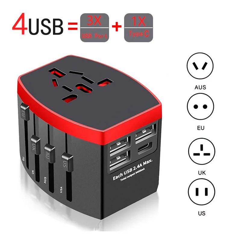 3USB 1 Тип C Red-Universal Plug