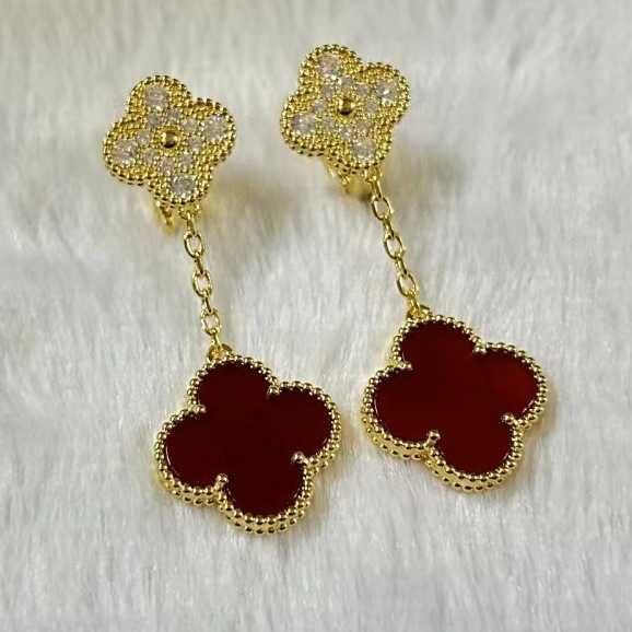 Gold Red Agate Diamond Earrings-925 Si