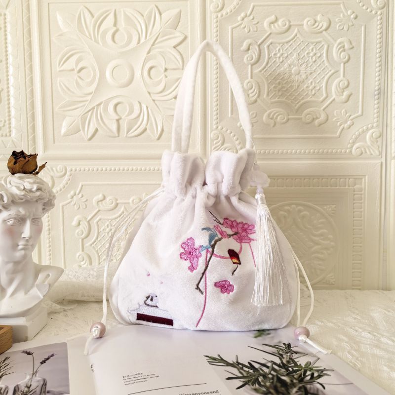 Plush Bucket Bag + Fabric Embroidered Mo