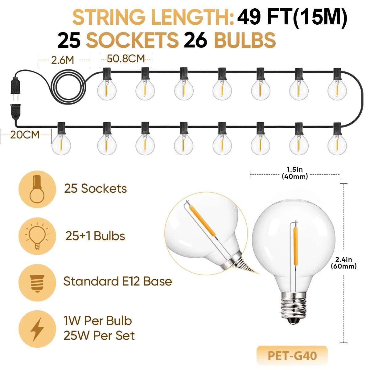 Emitowanie koloru: 49 stóp (15 m) 25 BULB