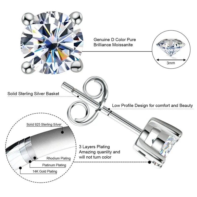 Or blanc Moissanite blanche 3MM