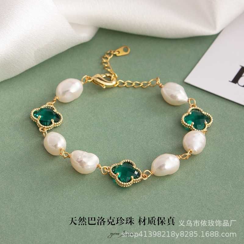 Bracciale con trifoglio di vera perla - verde