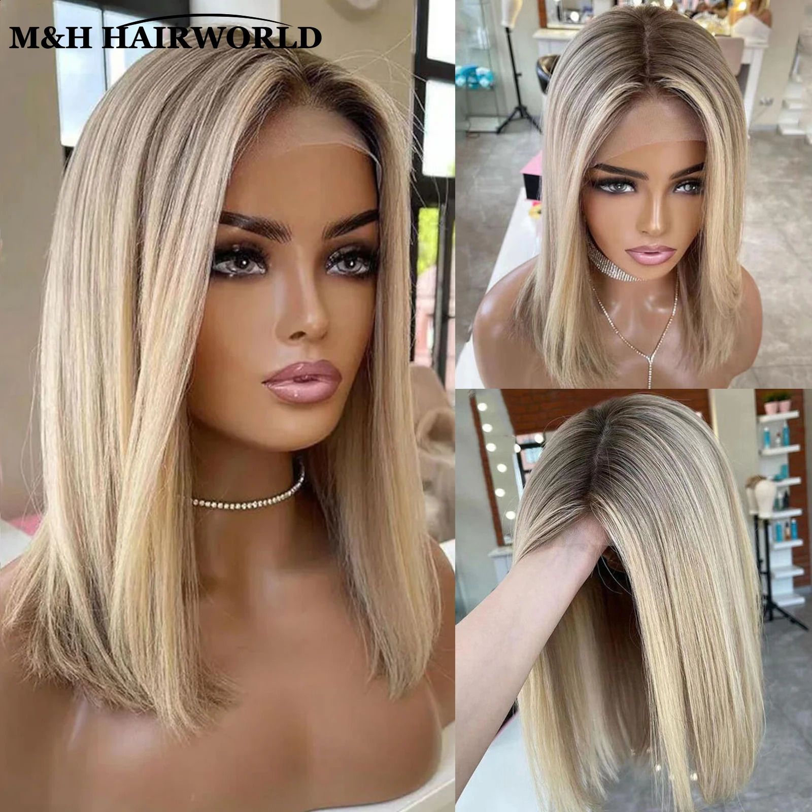 Ombre Ash Blonde Colorful Highlights Bob Wig Short Natural Wave detail view 1