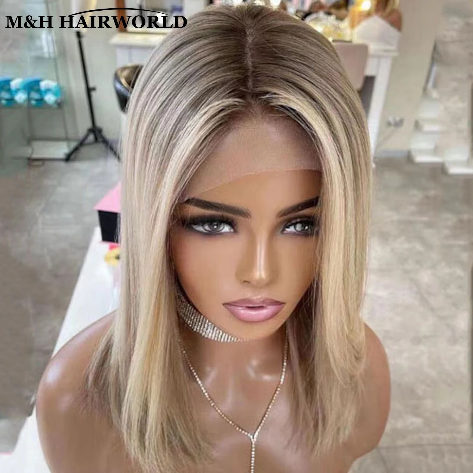 Ombre Ash Blonde Colorful Highlights Bob Wig Short Natural Wave detail view 2