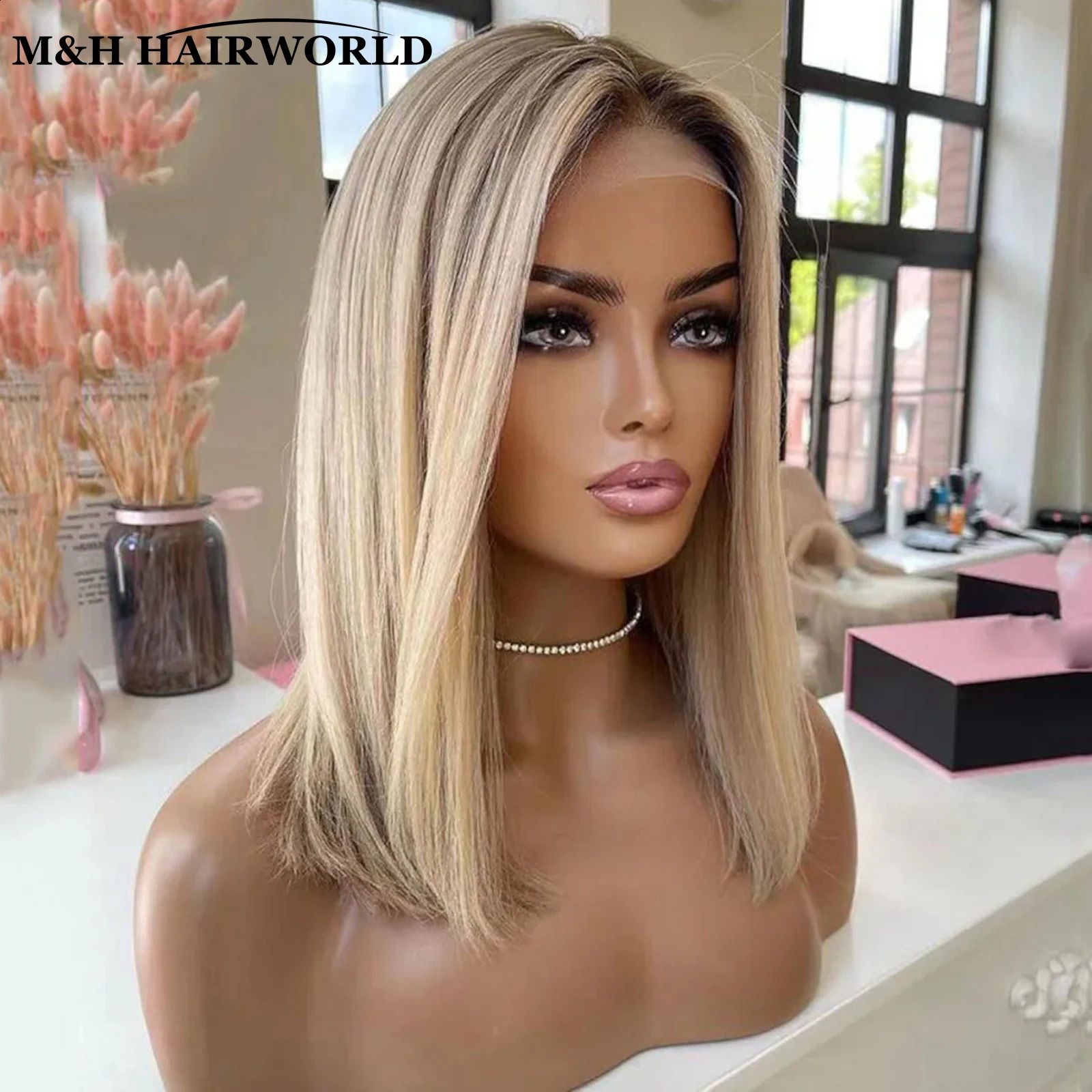 Ombre Ash Blonde Colorful Highlights Bob Wig Short Natural Wave detail view 3