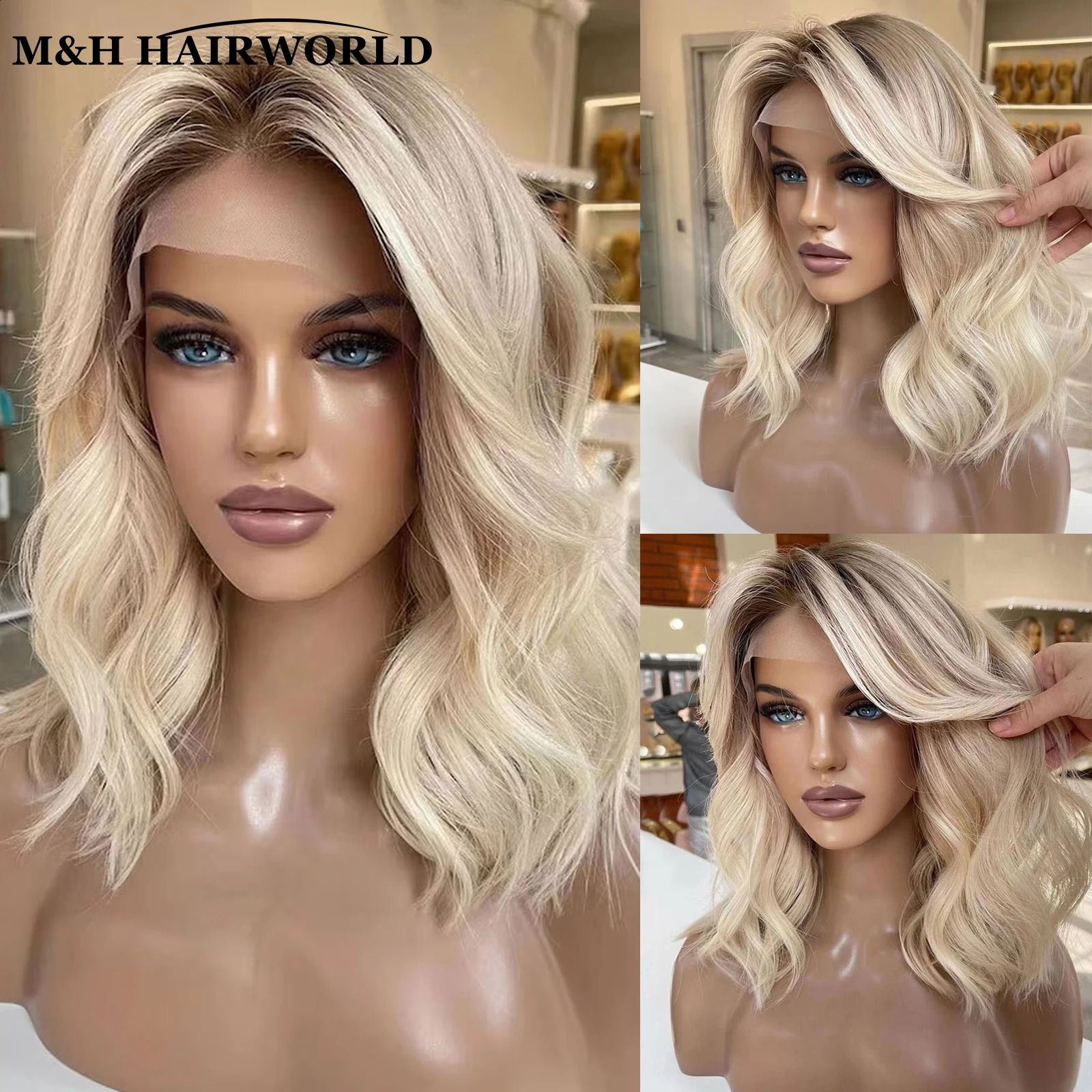 Ombre Ash Blonde Colorful Highlights Bob Wig Short Natural Wave