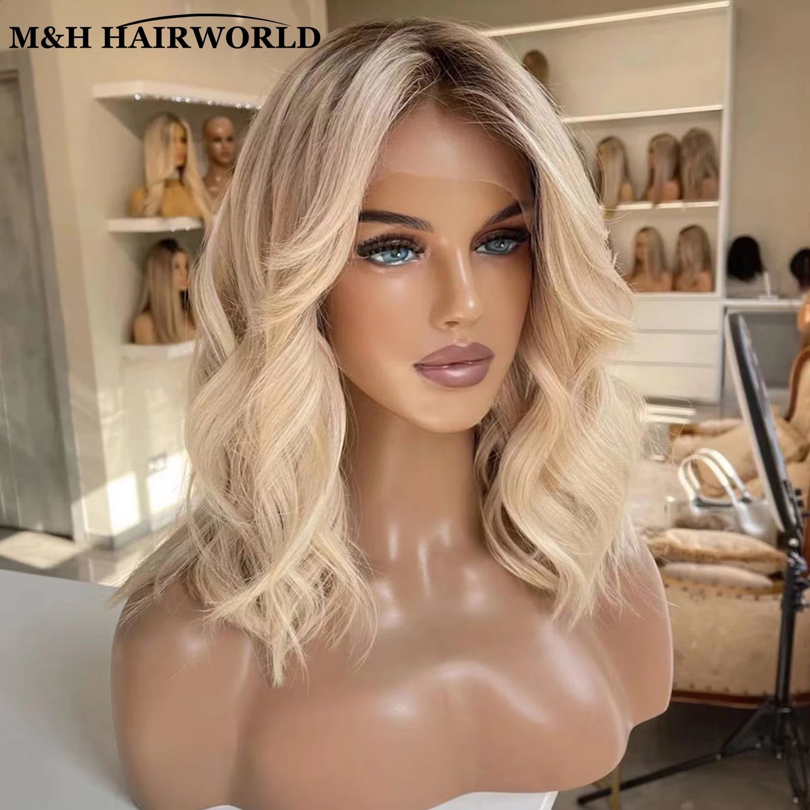 Ombre Ash Blonde Colorful Highlights Bob Wig Short Natural Wave view 3